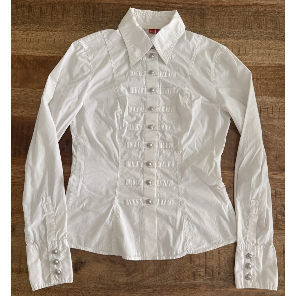 Esprit White Button Up Blouse Womens Fitted Stretch Military Style Top M